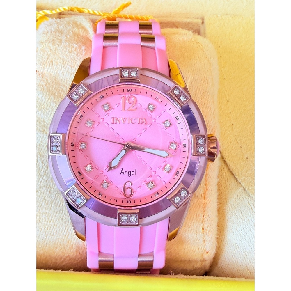 Invicta Angel 36715 Womens Pink Crystal Accent Watch Silicone Strap Quartz